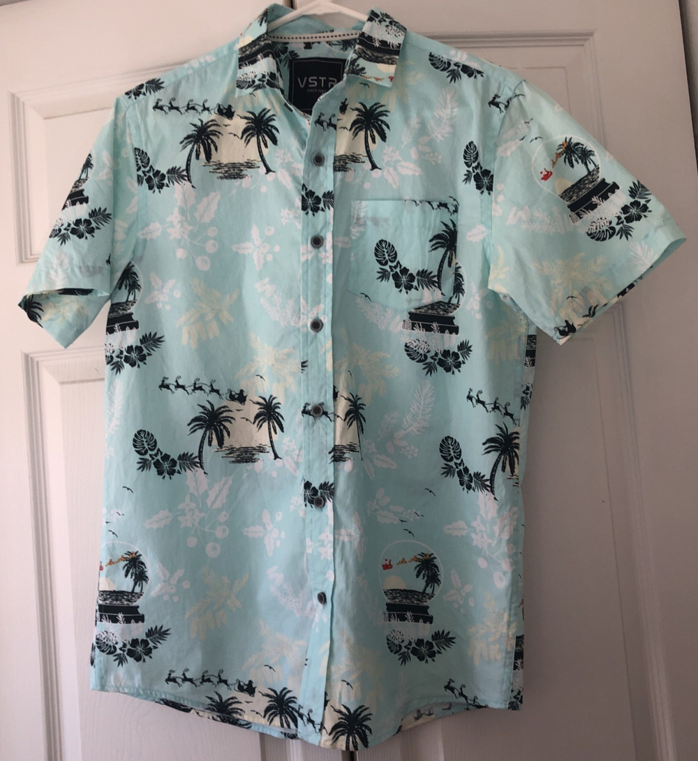Mens VSTR Hawaiian Shirt S Christmas snowglobe santa sleigh blue winter vacation